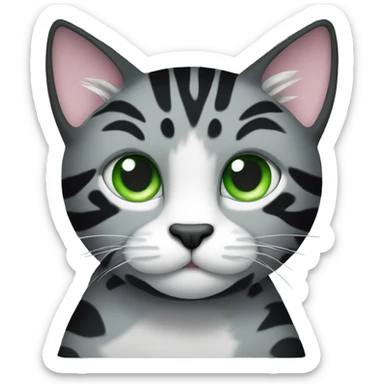 black cat with grey tiger stripe pattern and white chest / paws and green eyes sticker