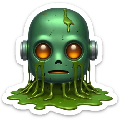 make a tired old melting robot emoji, covered in green sludge, 2d sticker