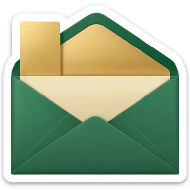 3D minimal open envelope with paper sliding out, matte finish, deep green (#0B3D2C) envelope, cream (#F5F5DC) paper, subtle gold (#C9B037) edge, Apple style, ultra clean, soft shadow, transparent background sticker