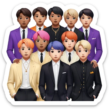 Cinematic Realistic group portrait of BTS featuring all 7 members in stylish modern attire, with detailed facial expressions and vibrant colors, captured in dynamic, contemporary lighting that emphasizes their global pop icon status sticker