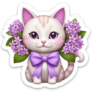 white and pink detailed cat holding lilac flowers with a big bow on its neck, emoji style sticker