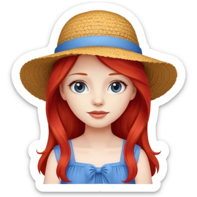 girl_wearing_summer_hat, red long hair, blue dress sticker