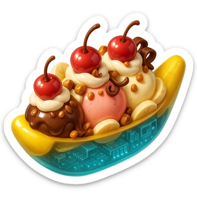 Add extra toppings: sliced bananas, caramelized nuts, extra cherries, and chocolate curls to the 3D glossy banana split sundae, with shiny highlights. No background. sticker