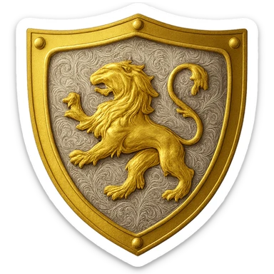 Recolor the shield to a rich, metallic plated gold color with ornate engravings inlaid with bright, reflective silver. Replace the golden bird with a majestic golden lion in the same style and position. The gold should look luxurious and shiny, and the silver engravings should be detailed and reflective. The background should be transparent. sticker
