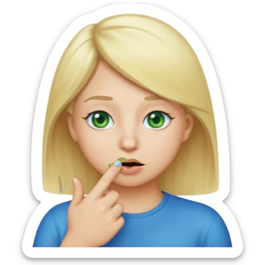 a emoji with two fingers in his nose, make him have a natural white skincolour and blonde hair, blue/green eyes, put the fingers in his nose sticker