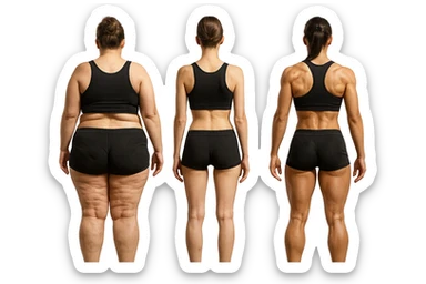 fai una donna di spalle in gym shorts leggermente sovrappeso e con cellulite e accanto una seconda donna di spalle magra (che è dimagrita post dieta) e accanto una terza donna in forma allenata e con le giuste proporzioni, l'immagine deve rappresentare il processo: da donna grassa, a donna piatta e magra, a donna allenata e in forma con i giusti muscoli, iperrealistico 4k sticker