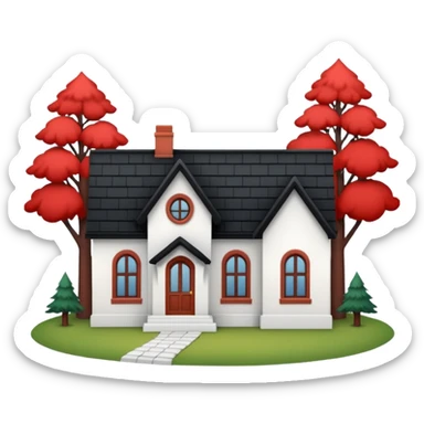 a one-story house with a forest background. The house is to have a white façade with red brick inserts.  the roof is to be black, gable. sticker