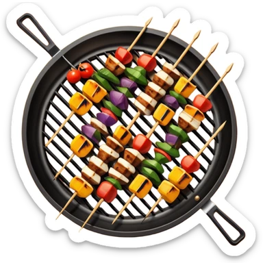 Grilled dishes avatar in bright emoji-style illustration. Skewers, BBQ, and grilled vegetables, warm fire tones, simple shapes, flat design, high contrast, tasty and inviting. sticker