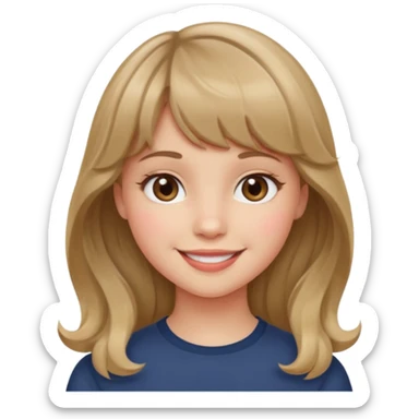 A girl with wavy, dark blonde hair, straight bangs, and straight eyes. She is smiling. sticker