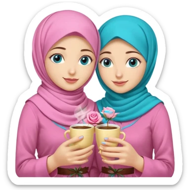 Turkish beautiful finish Konya three girls (friends) blue eyes with pink rose and turkis butter yellow hijab islamic dress and had on her hand turkish coffee   sticker