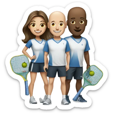 4 people playing pickleball with 1 tall bald male, 1 shorter brown hair male, 2 girls with brown hair sticker