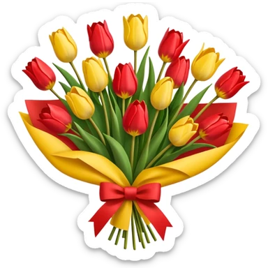 bouquet of tulip with red bow and yellow wrapping paper sticker
