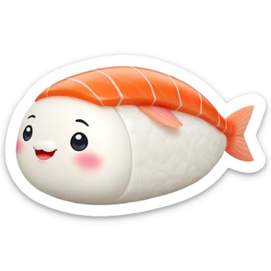 Cute Kawaii Nigiri Sushi, plump and happy, a soft white rice pillow topped with bright orange salmon, tiny blushing cheeks, big round eyes, a joyful floating expression! sticker