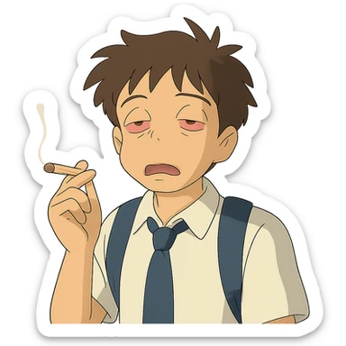 ghibli style of a student with a dazed expression and a joint, no background sticker