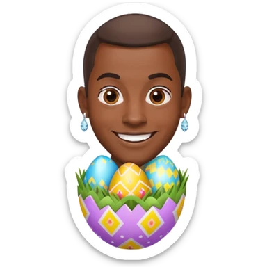 smiling African American man with diamond stud earrings popping out of an Easter egg sticker