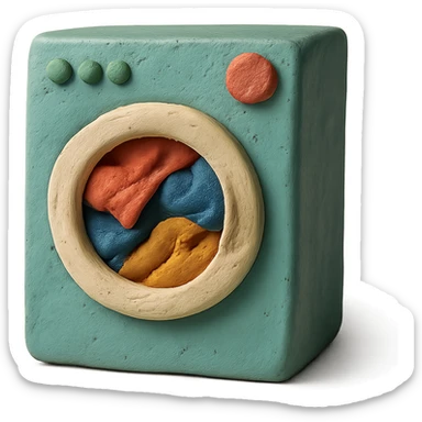 washing machine in claymation style with clothes peeking out, matte finish, soft lighting sticker
