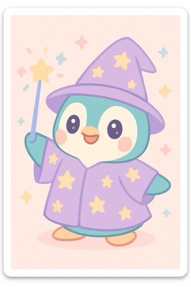 adorable penguin wizard in a starry robe, casting a spell, big eyes, pastel palette sticker