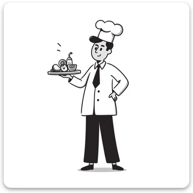Chef in business attire with chef hat, confidently selling food products sticker