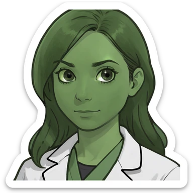 A brunette with dark green eyes in a science lab coat sticker