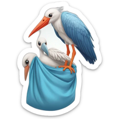 White stork carrying a blue bundle of cloth that has a human person cute baby human in it and the human baby head is peeking from the fabric the strok is carrying in its beak sticker
