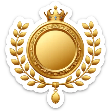 An elegant golden medal emblem with a sophisticated crest design, intricate details, ornamental flourishes, and a luxurious finish sticker