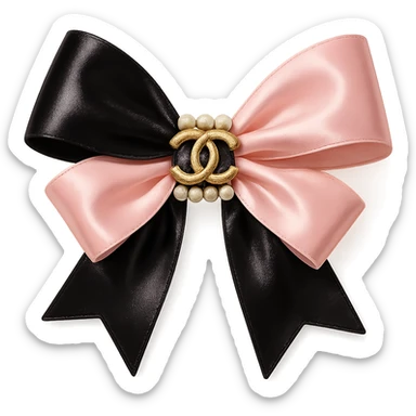 heart only the elegant bow with pearls and gold Chanel logo, glossy, pastel colors, realistic style, with no background. black pink,  sticker