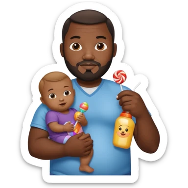 Big black man hold a  baby bottle and a lollipop sticker