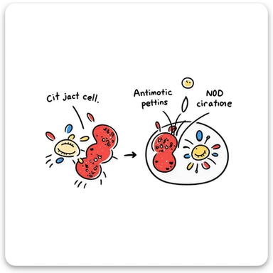Anatomical diagram of antimicrobial mechanism: red bacteria with labeled parts (cell wall, membrane, DNA) surrounded by yellow antibiotic molecules and blue antimicrobial peptides breaking through cell structures. Hand-drawn scientific illustration with detailed cross-section view. sticker