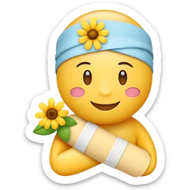 Cheerful get well soon emoji with flowers and a bandage sticker