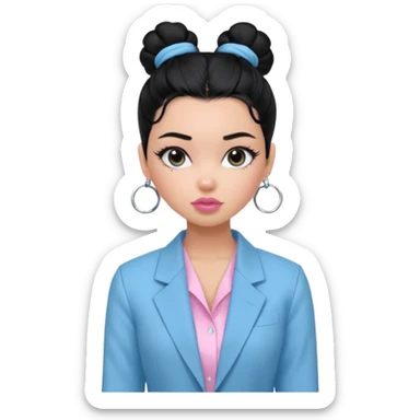 generate a pretty bratz girl with black hair tied up in a bun. wearing a light blue full sleeve shirt and a black blazer over it. silver small hoops, pink lipgloss.  sticker
