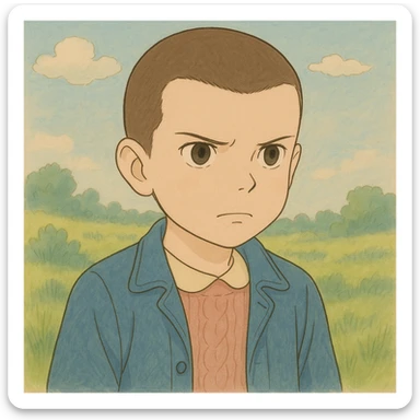 Create a version of Eleven with shaved hair, serious expression, simple and delicate line art as in the reference drawing, colored in pastel tones, with darker outlines. Style: Ghibli. Format 1:1. sticker