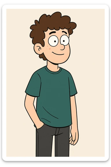 A boy brown curly hair green t-shirt Bright Blue Connector 2.0 (STSU207) black jeans sticker