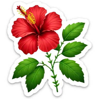 Hibiscus with a stem and many leaves in the style of Apple emojis sticker