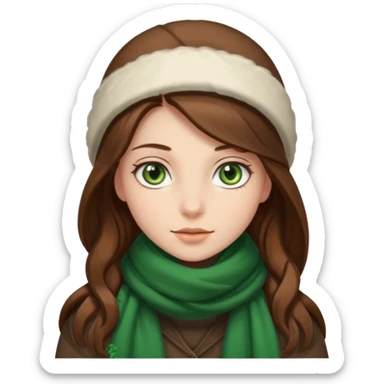 Girl green eyes brown long hair with brown-white winter clothes  sticker