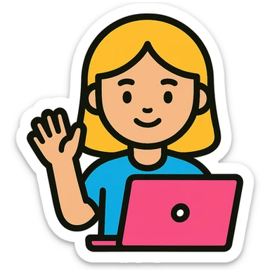 a girl with a pink laptop waving, color outline icon style sticker
