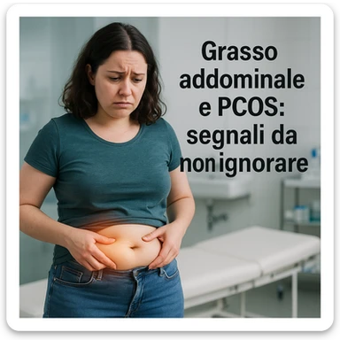 woman with PCOS in casual clothing, fat accumulation on belly highlighted by light, worried expression, clinical background, Italian text: 'Grasso addominale e PCOS: segnali da non ignorare', 4K quality sticker