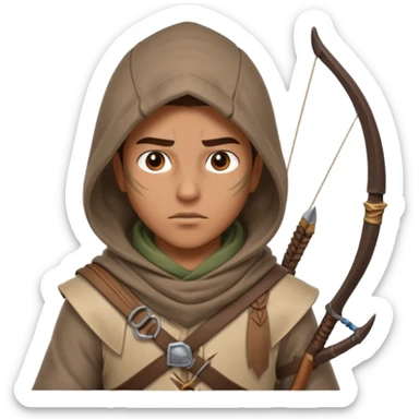 desert archer warrior portrait, head and shoulders only, hooded scarf collar, quiver strap visible, sharp focused eyes, 3D cartoon, mobile game icon style, clean background, no text, no watermark
 sticker
