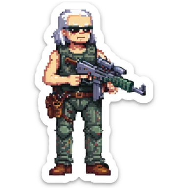 old skinny tough charismatic character from STALKER with a big machine gun sticker