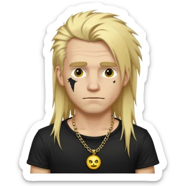 make a iphone emoji who is a white man that looks punk with messy blonde long hair with a black punk shirt and a golden neckless sticker