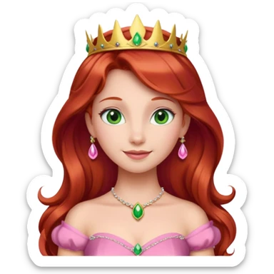 Aurora princess, classic fairytale style, red hair, pink gown, gentle smile, green amber eyes, emoji style sticker