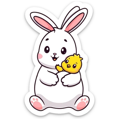 Adorable easter bunny hugging a small yellow chick sticker