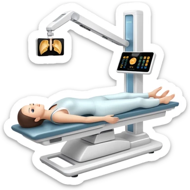 3D medical DEXA scan machine with patient lying on table, bone density measurement equipment sticker