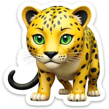 cinematic-jaguar-realistic-full-body-on-all-fours-emoji,-sleek-powerful-frame-poised-for-action,-yellow-fur-adorned-with-bold-black-rosettes,-head-tilted-dramatically,-piercing-green-eyes-locked-onto-its-prey,-simplified-yet-realistic-focus sticker