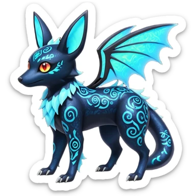 Shiny Fiery Dark Ugly Evil Realistic Glowing Eldritch Horror Cool Edgy Badass Emo Glorious Demonic Batty Dusky Ethereal Sparkly Shimmering Magical Punky Aural Iridescent Fluorescent Bioluminescent Umbreon-Noibat-Salandit-Litten-Flareon-Fakémon-fusion (full body) with intricate pattern markings sticker
