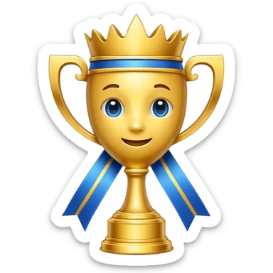 cute emoji style golden trophy with blue ribbons, shiny metal, gaming vibe, bold thick outline, vibrant colors, transparent background, 1:1 sticker