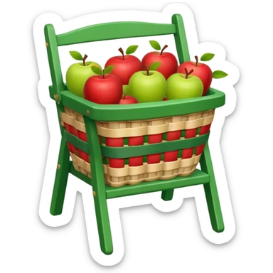 woven basket with apples on a white wooden chair. The basket is lined with checkered cloth, green sticker