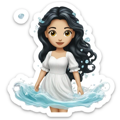 Pretty young Lady doll posing posed pose with long black hair flowers in hair white dress surrounded by flowing water water swirls waves sticker