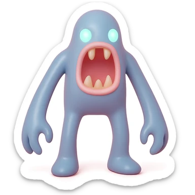 terrifying monster with elongated limbs, gaping mouth with sharp fangs, glowing eyes, shadowy body, toy-like vinyl figure sticker