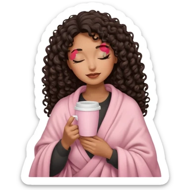 hispanic woman, brown skin, black long 3b curls, closed eyes, feminine face, holding soft pink coffee cup with beige blanket over shoulders sticker
