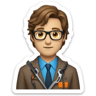 a guy with brown hair, square glasses, an orange repairman's suit, blue eyes, with a chainsaw sticker